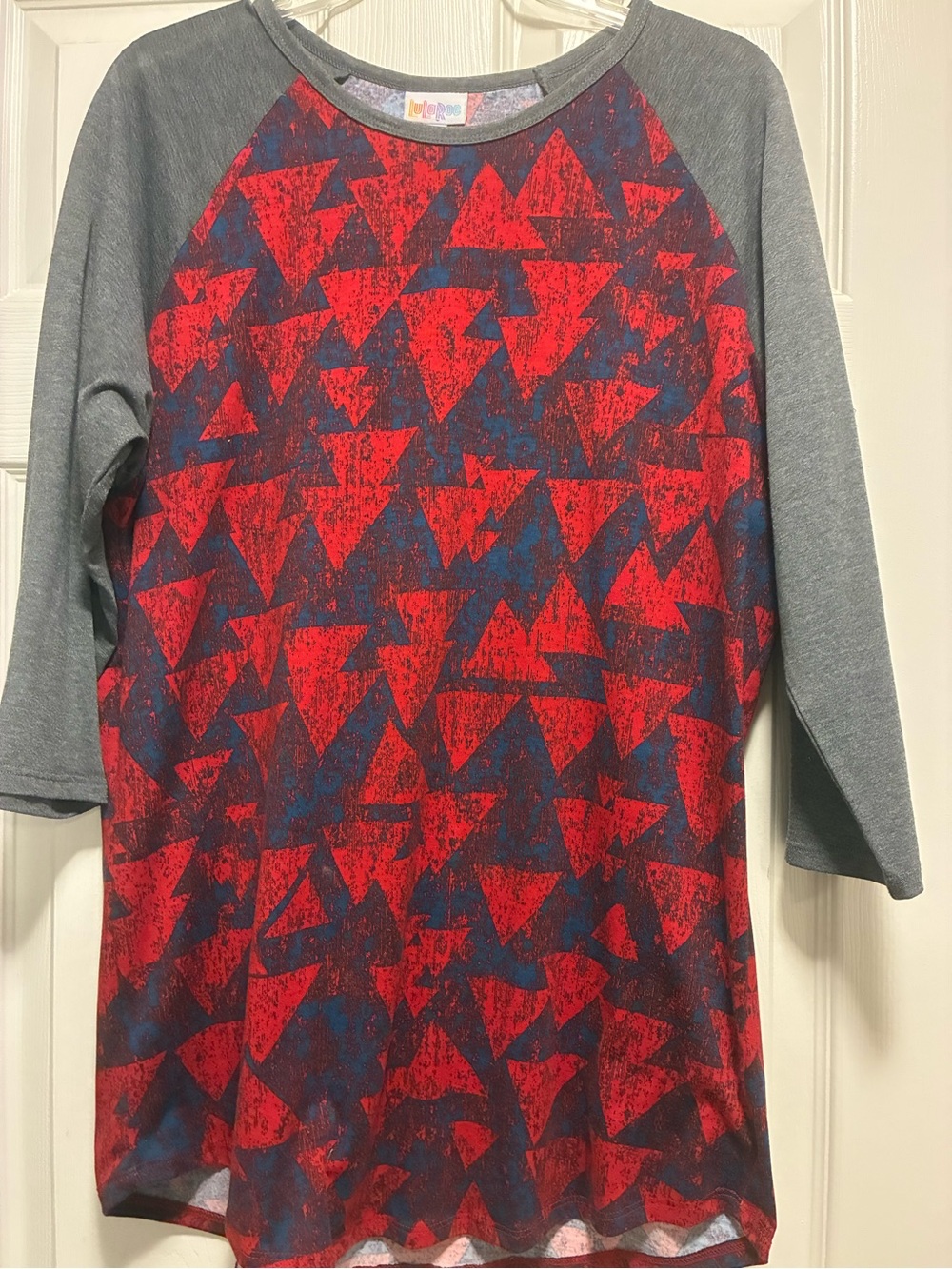 LuLaRoe Red and Blue Geometric Randy Top with Grey sleeves Size XL